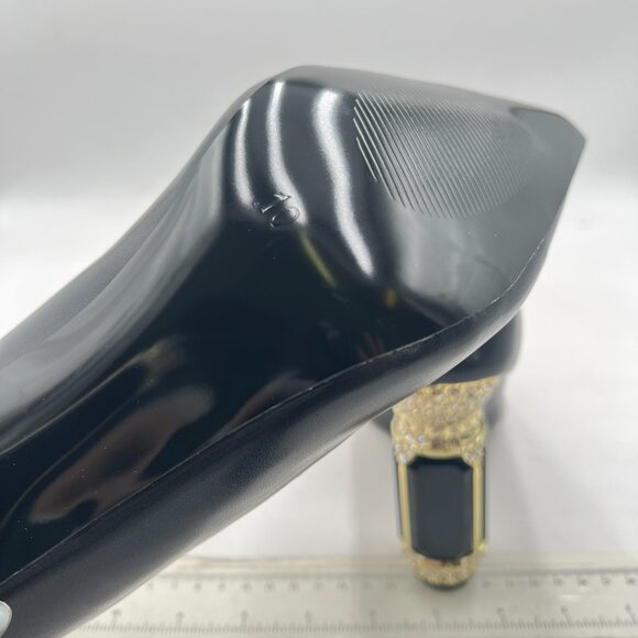 FSJ Black Bridal Pointed Toe Chunky High Heel Crystal Pumps Slip on Wedding Shoe - Picture 6 of 8